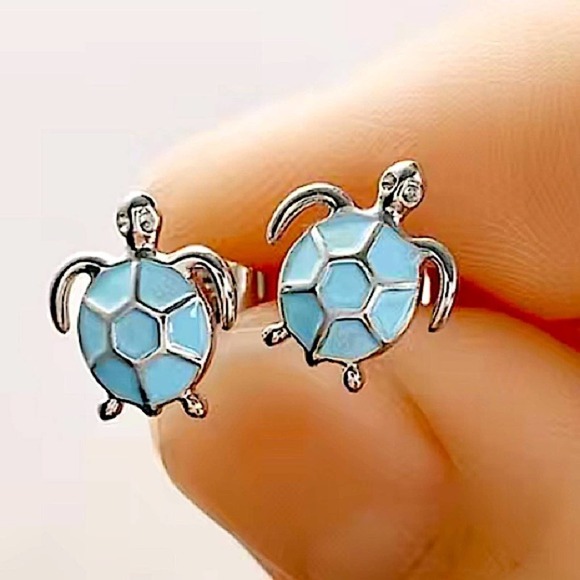 Sterling Silver Blue Turtle Stud Earrings - Picture 2 of 6